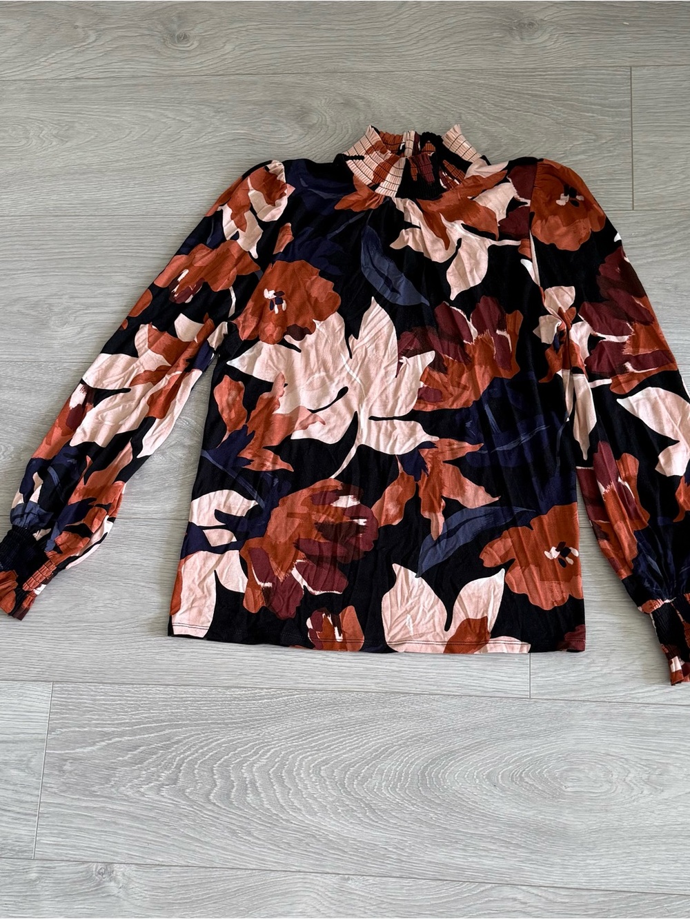 RW&CO. Mock Neck Floral Blouse - Black, Rust & Blush